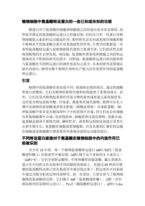 植物细胞中氨基酸转运蛋白的一些已知或未知的功能