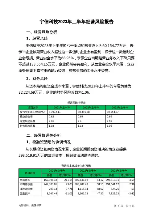 300674宇信科技2023年上半年经营风险报告