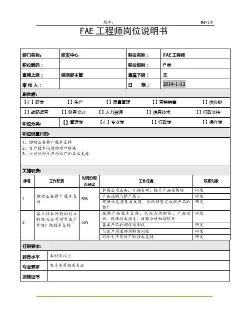 FAE工程师岗位说明书