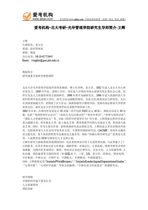 北大考研-光华管理学院研究生导师简介-王辉