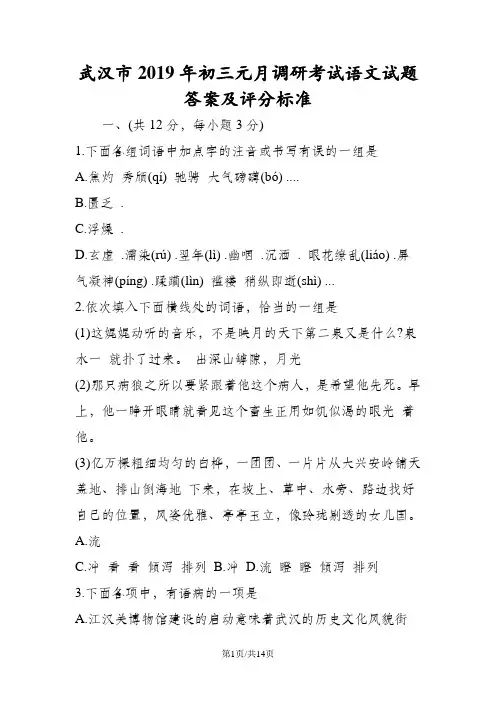 武汉市初三元月调研考试语文试题答案及评分标准