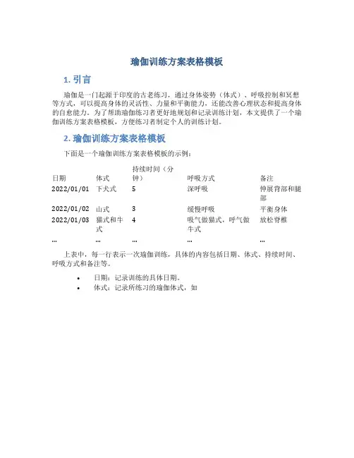 瑜伽训练方案表格模板