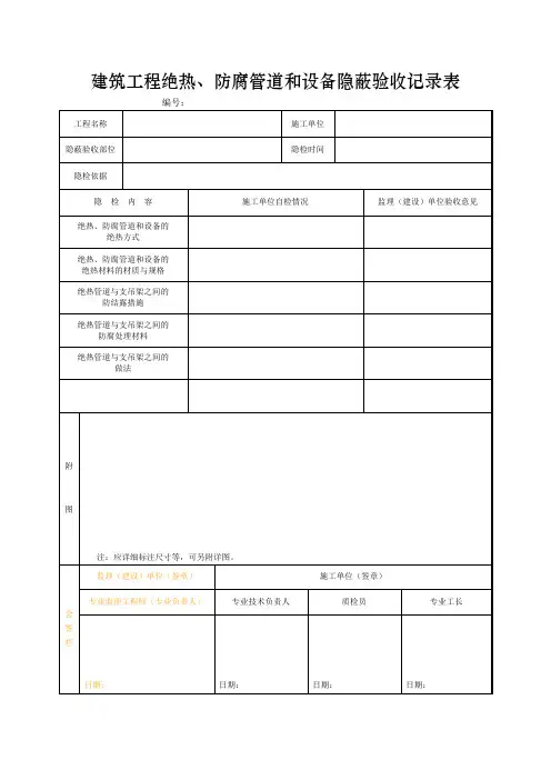 建筑工程绝热、防腐管道和设备隐蔽验收记录表
