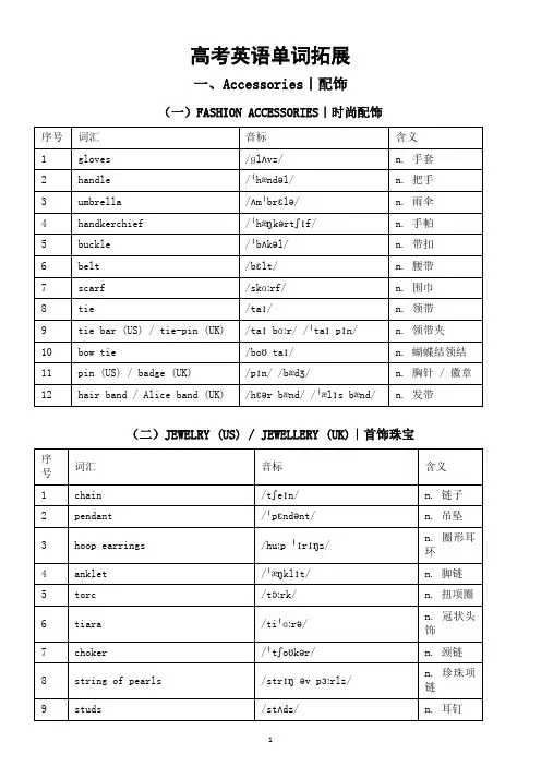 高中英语2025届高考单词拓展(配饰+鞋子)