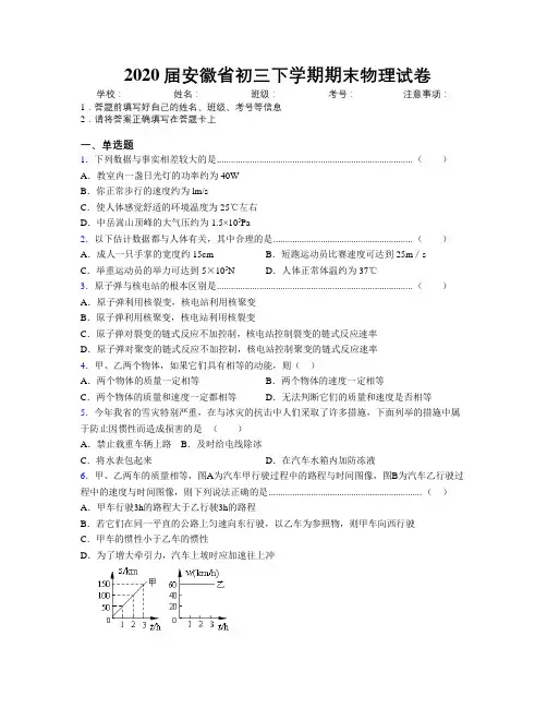 最新2020届安徽省初三下学期期末物理试卷及解析