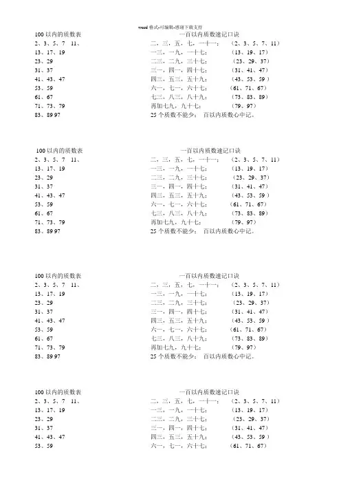 100以内的质数表及巧记方法