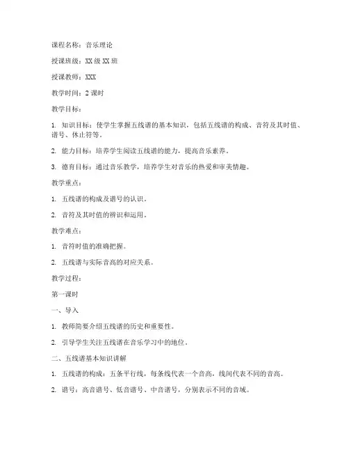 大学生五线谱讲课教案模板