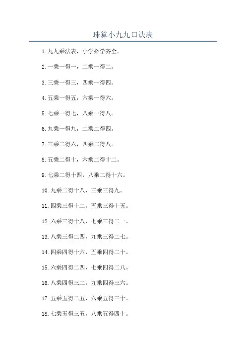 珠算小九九口诀表