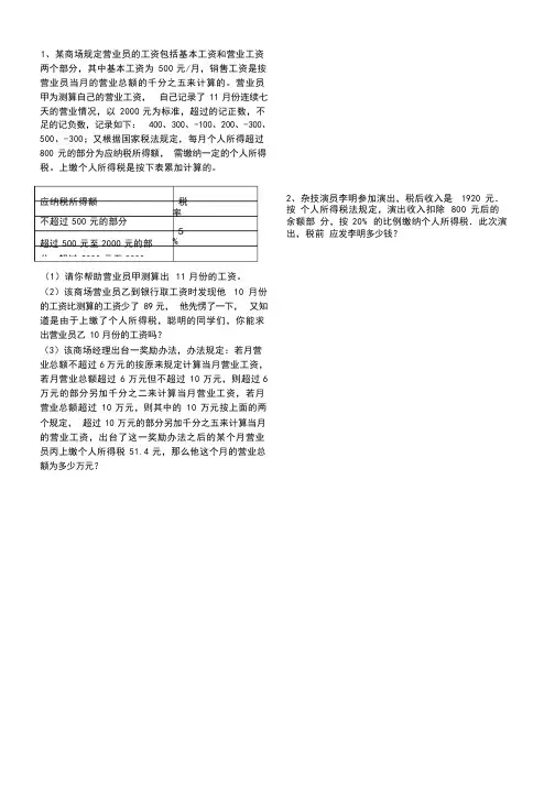 初一数学关于工资个人所得税应用题