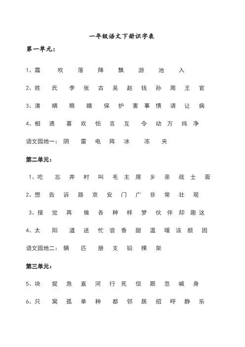 部编版(统编)一年级语文下册识字表
