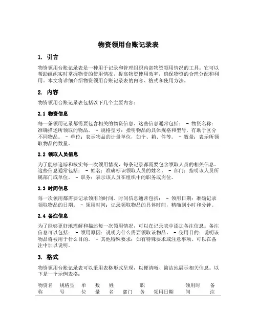 物资领用台账记录表