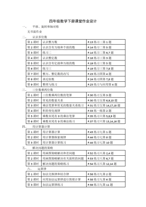 四年级数学下册课堂作业设计
