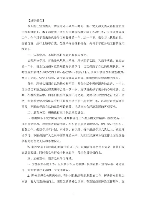 党支部宣传委员述职报告