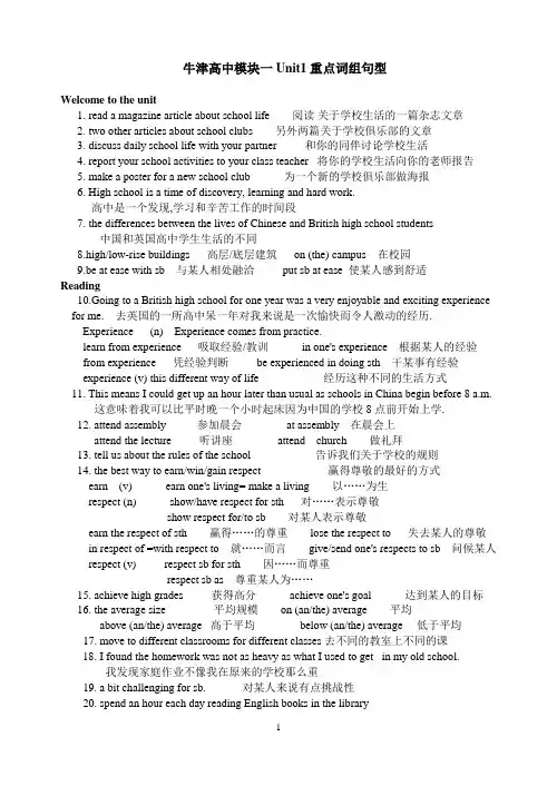 牛津高中模块一Unit1重点词组句型
