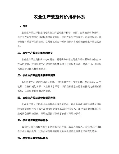 农业生产效益评价指标体系