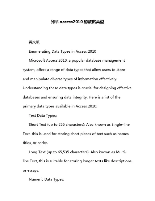 列举access2010的数据类型
