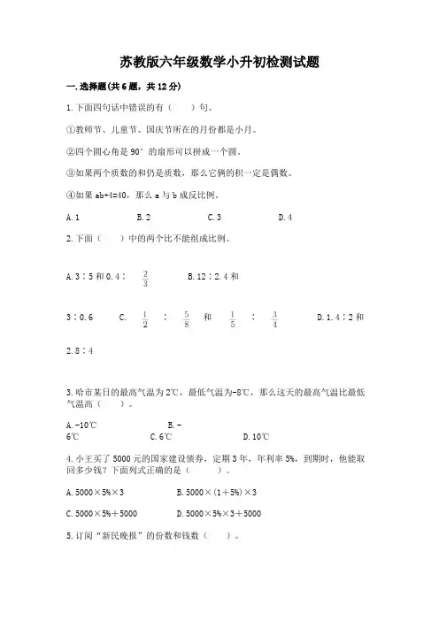 苏教版六年级数学小升初检测试题附完整答案(易错题)