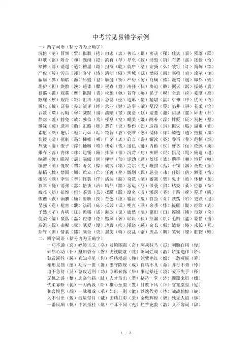中考常见易写错字示例