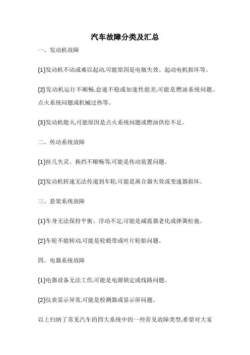 汽车故障分类及汇总
