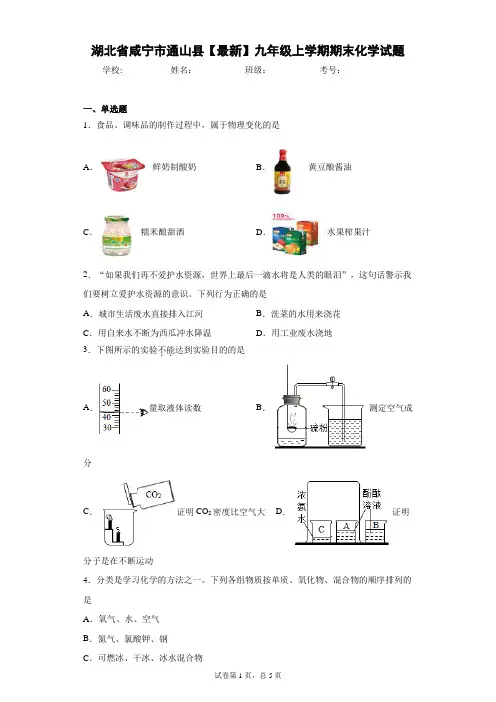 湖北省咸宁市通山县2020-2021学年九年级上学期期末化学试题 答案和解析