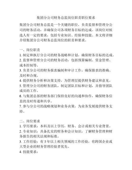 集团分公司财务总监岗位职责职位要求