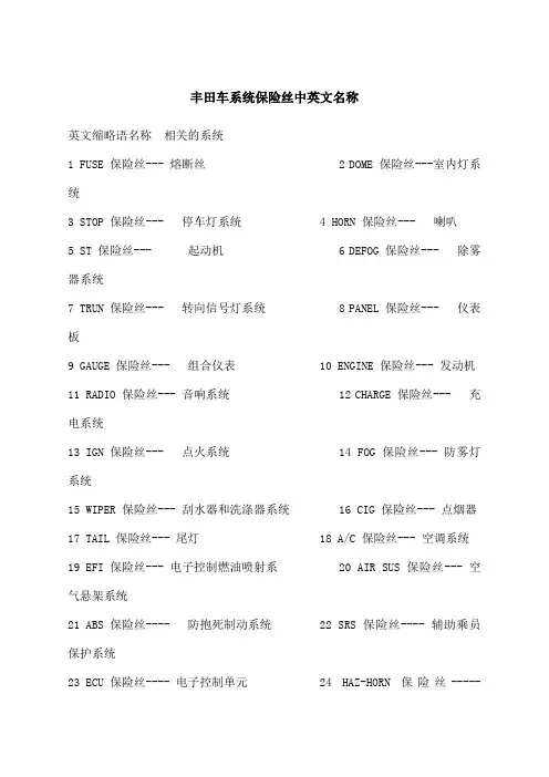 丰田车系统保险丝继电器中英文名称对照精心整理含考核