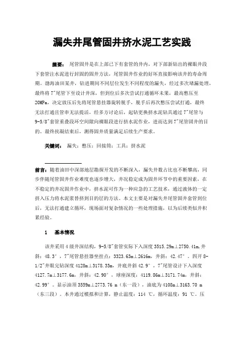 漏失井尾管固井挤水泥工艺实践