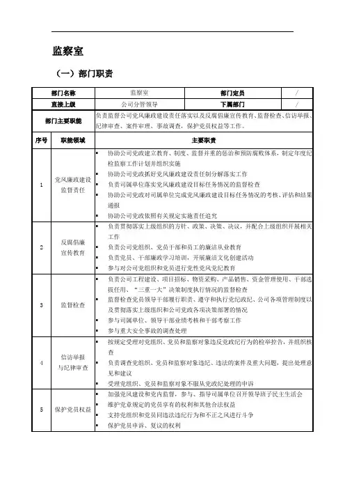 监察室部门职责及监察室各岗位说明书