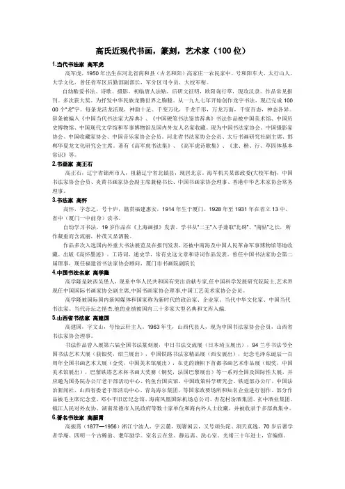 高氏近现代书画,篆刻,艺术家(100位)