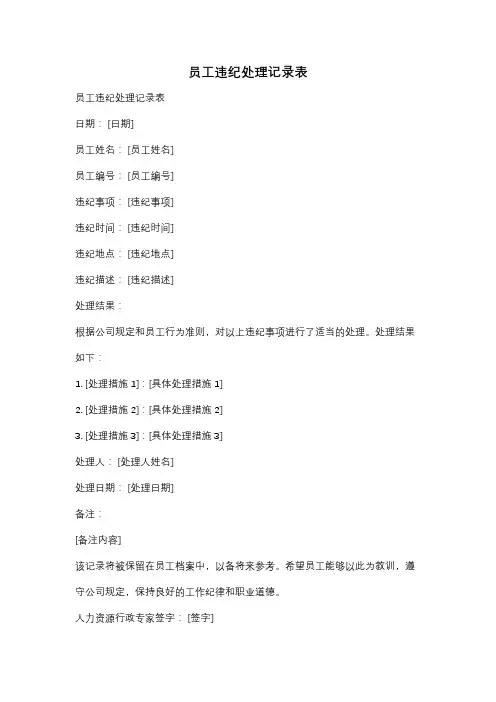 员工违纪处理记录表