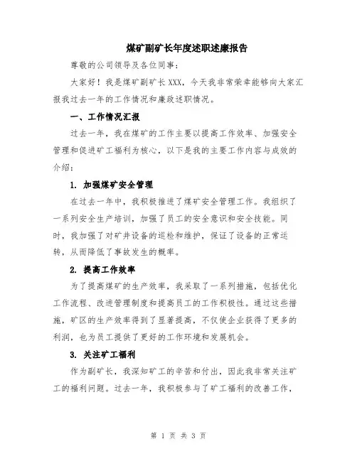 煤矿副矿长年度述职述廉报告