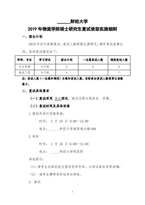 财经大学2019年物流学院硕士研究生复试录取实施细则【模板】
