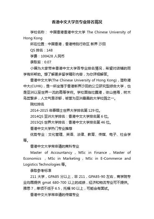 香港中文大学各专业排名情况