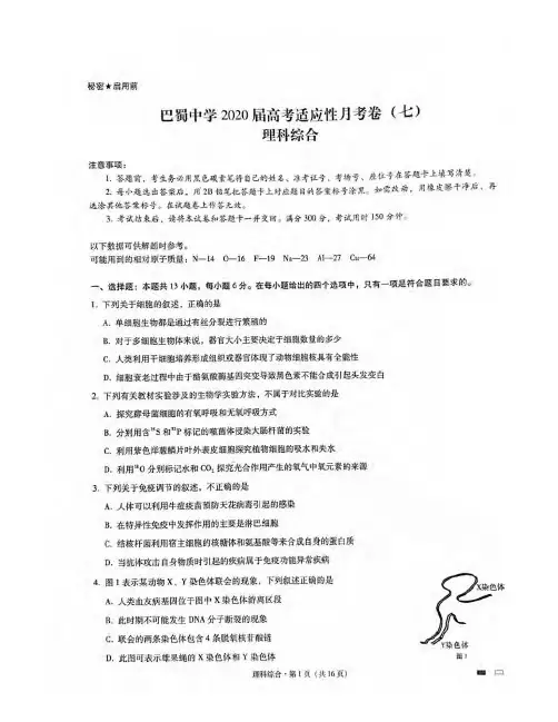 重庆市巴蜀中学2020届高三高考适应性月考(七)理科综合试题PDF版含答案