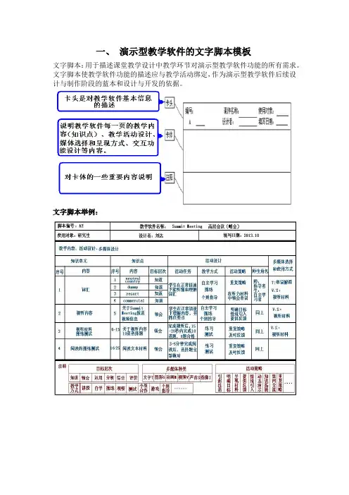 演示型教学软件的文字和制作脚本模板