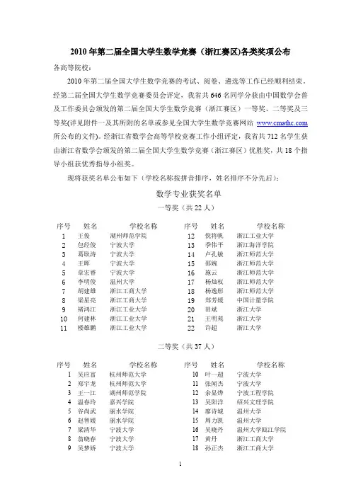 第二届全国大学生数学竞赛浙江赛区(包括省级优秀奖)获奖名单