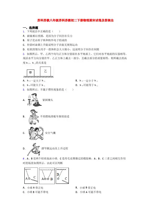 苏科苏教八年级苏科苏教初二下册物理期末试卷及答案全