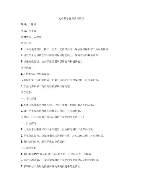 初中数学优秀教案评议