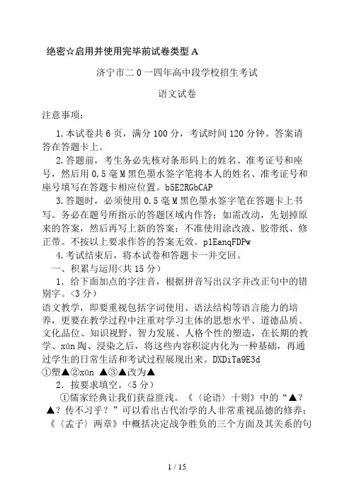 2014年山东省济宁市中考语文试卷含答案