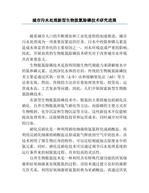 城市污水处理新型生物脱氮除磷技术研究进展