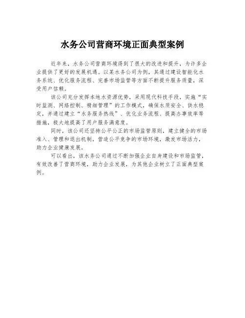 水务公司营商环境正面典型案例