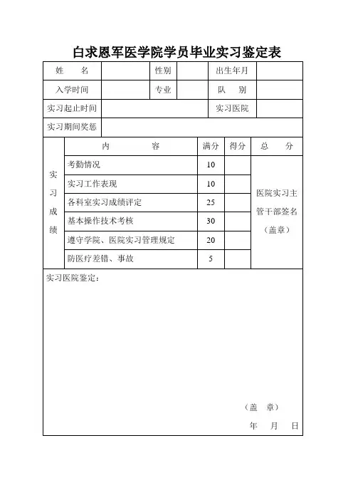 医学院学员毕业实习鉴定表