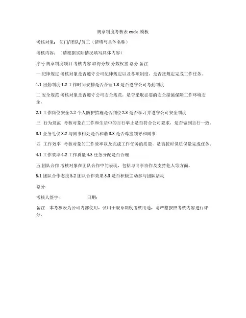 规章制度考核表excle模板