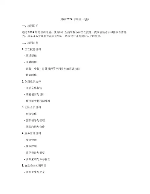 厨师2024年培训计划表
