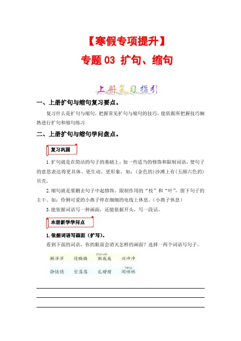 专题03 扩句、缩句-2022-2023学年三年级语文上册寒假专项提升(部编版)