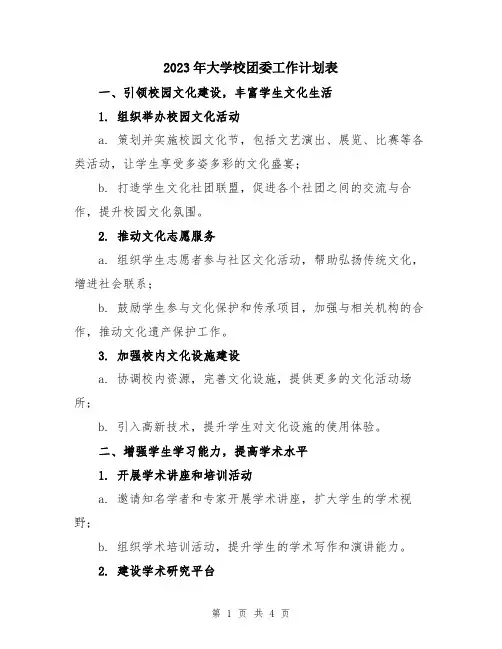 2023年大学校团委工作计划表