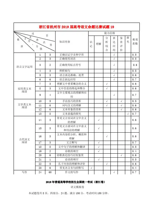 浙江省杭州市2019届高考语文命题比赛试题19