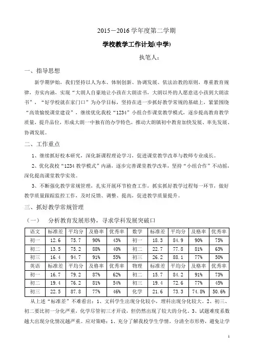 2015-2016第二学期学校教学工作计划(很详细与实用)