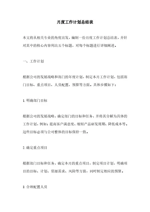 月度工作计划总结表