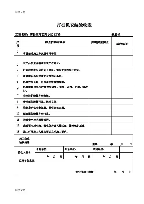 最新打桩机安装验收表